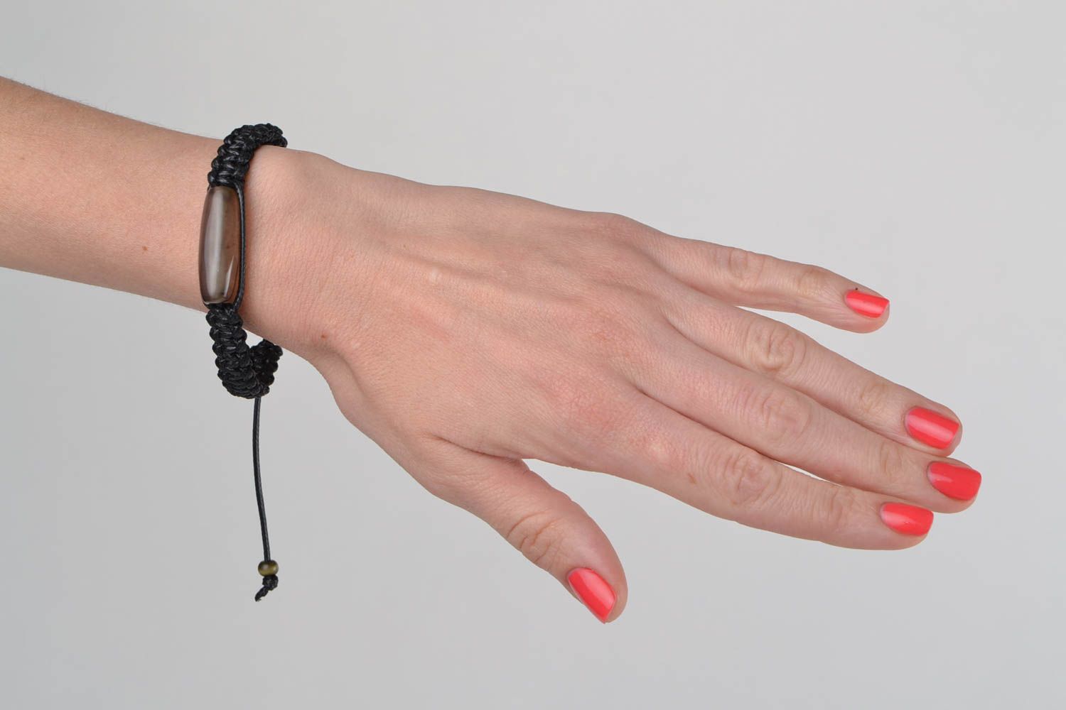 Bracelet en cordon tressé ciré mince noir avec agate fait main pour femme  photo 2