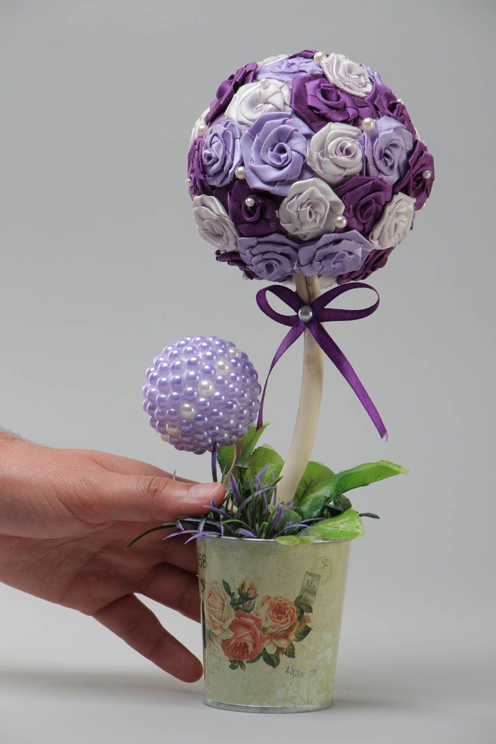 Handmade topiary made of satin ribbons tree of happiness in purple tones photo 5