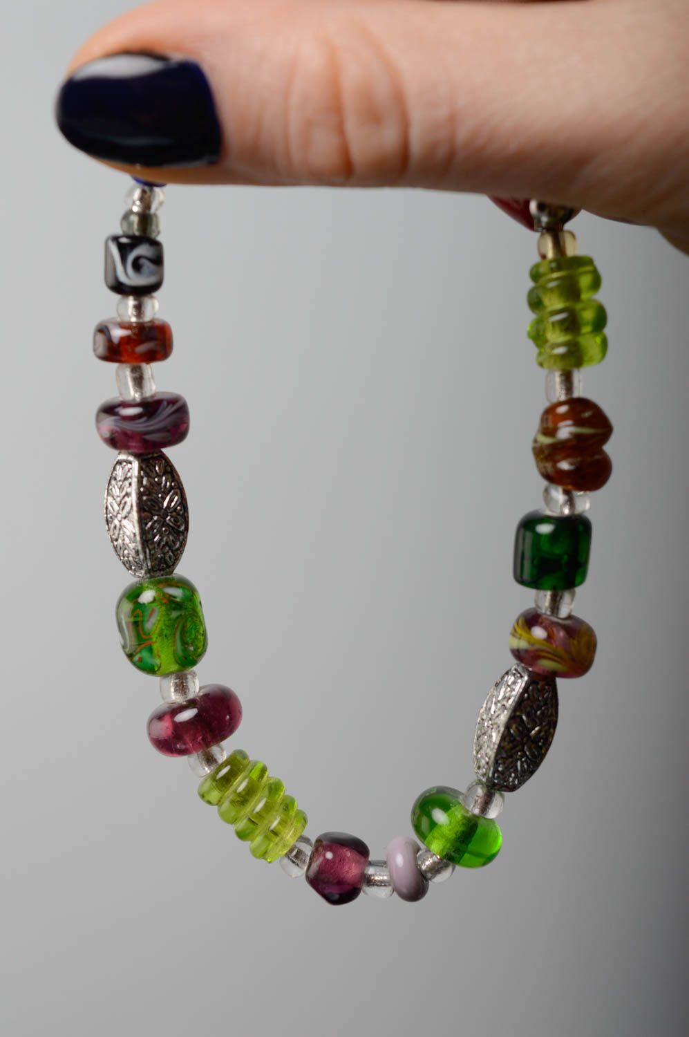 Bracelet with designer lampwork glass beads with patterns photo 3