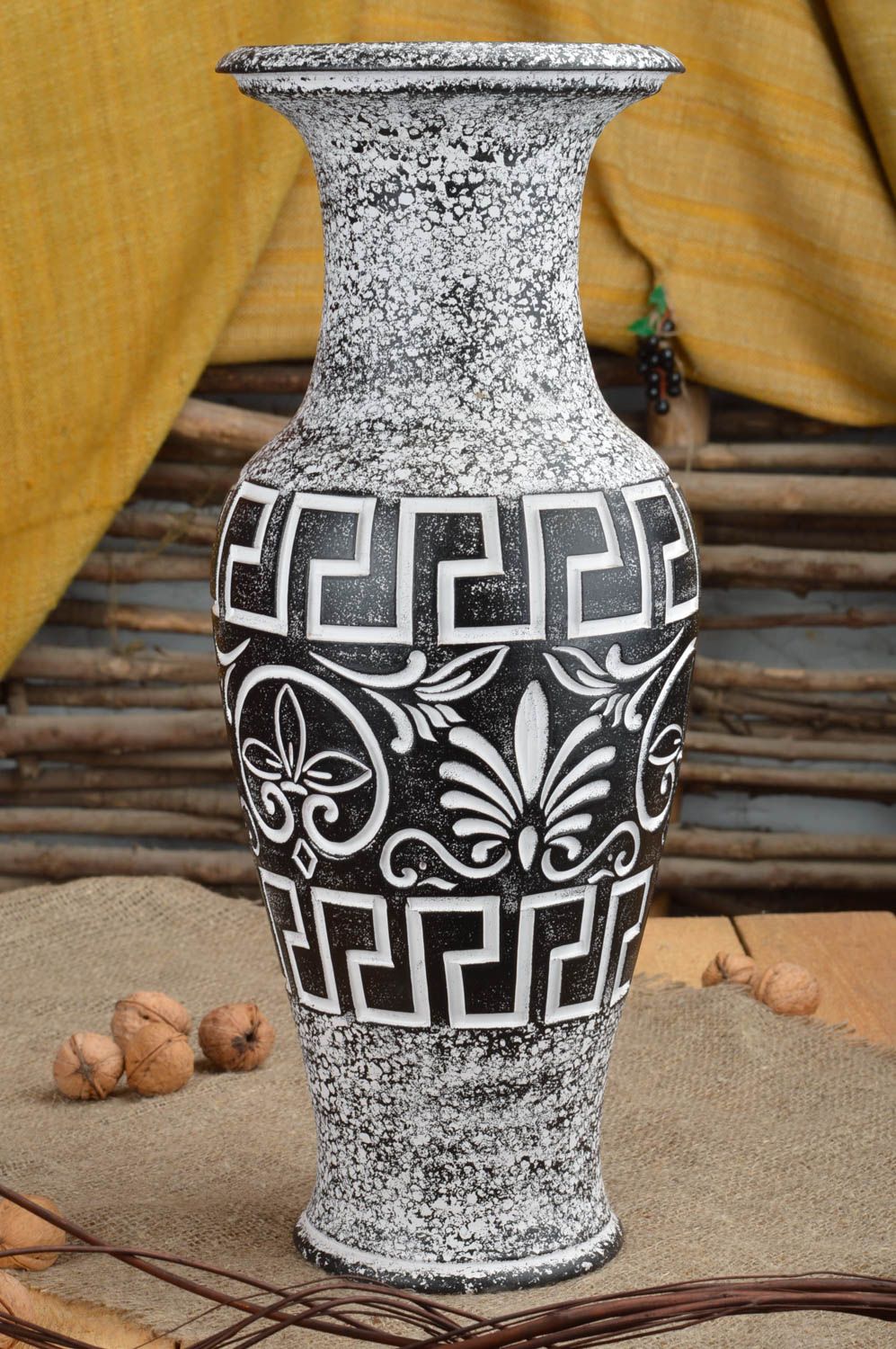 Grand vase en céramique pour fleurs noir gris fait main original ornementé 5 l  photo 1