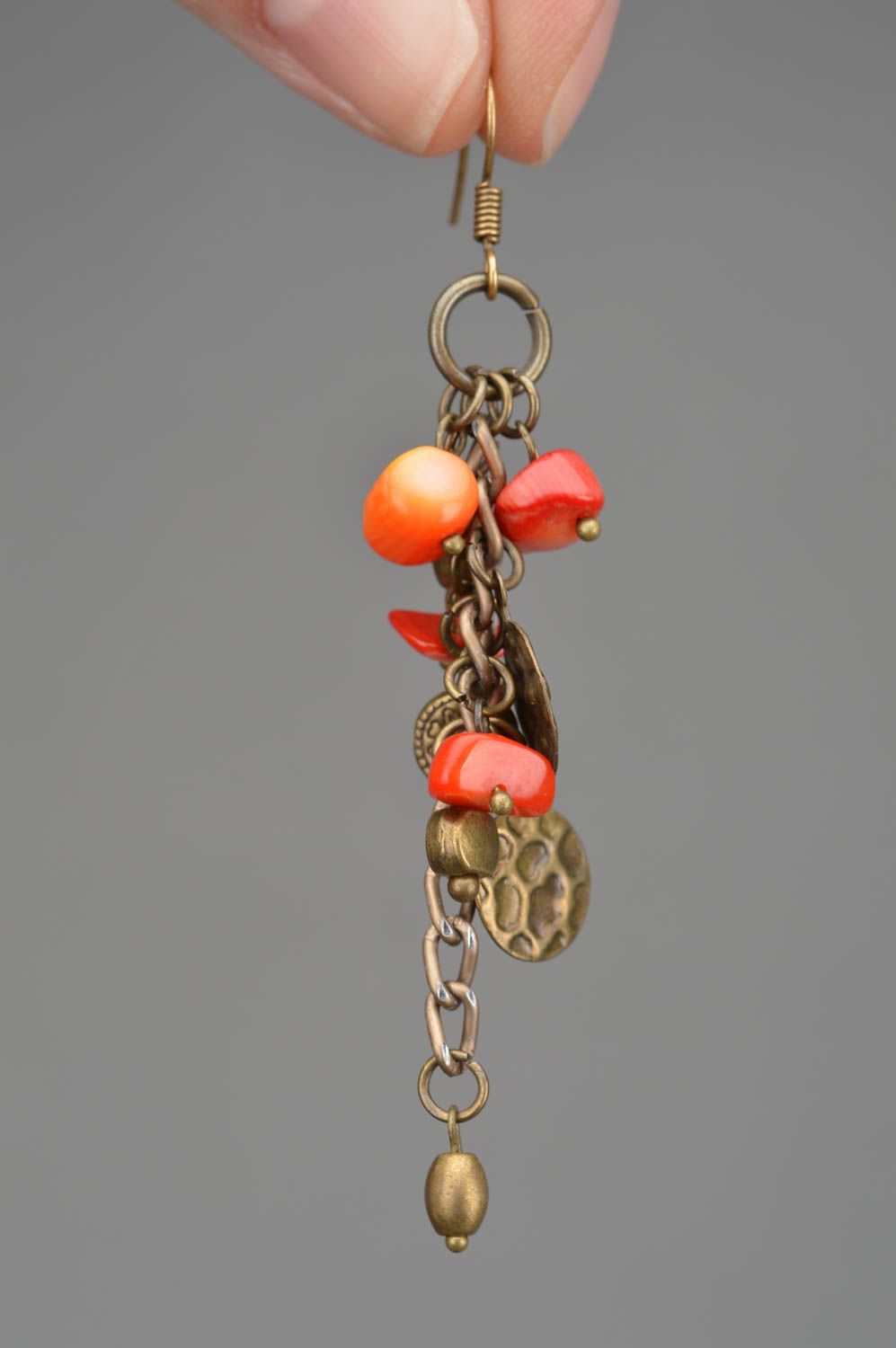 Handmade designer long dangle metal earrings with coins and coral like beads photo 3