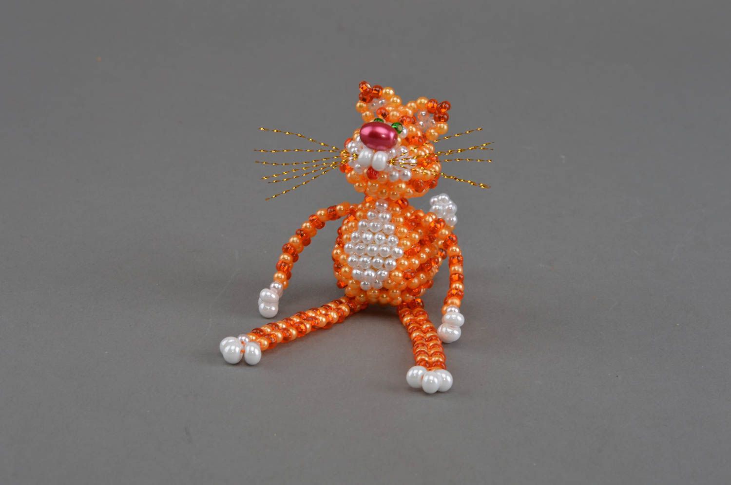 Unusual homemade designer woven bead statuette of orange cat miniature photo 2
