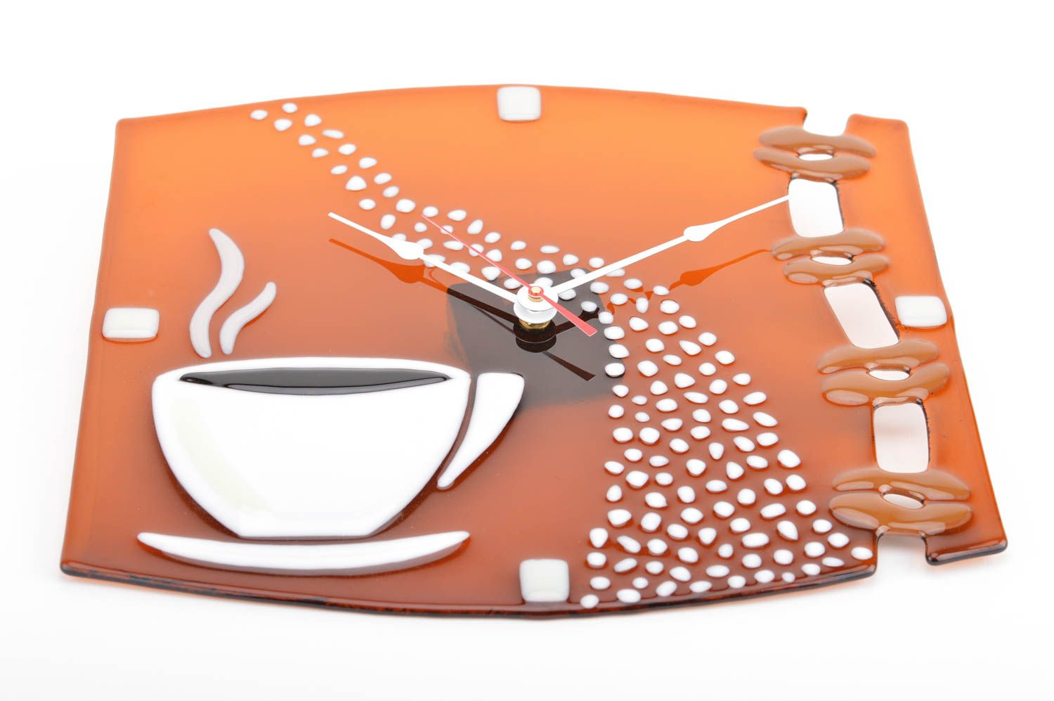 Handmade designer square brown and orange fused glass wall clock with coffee cup photo 2