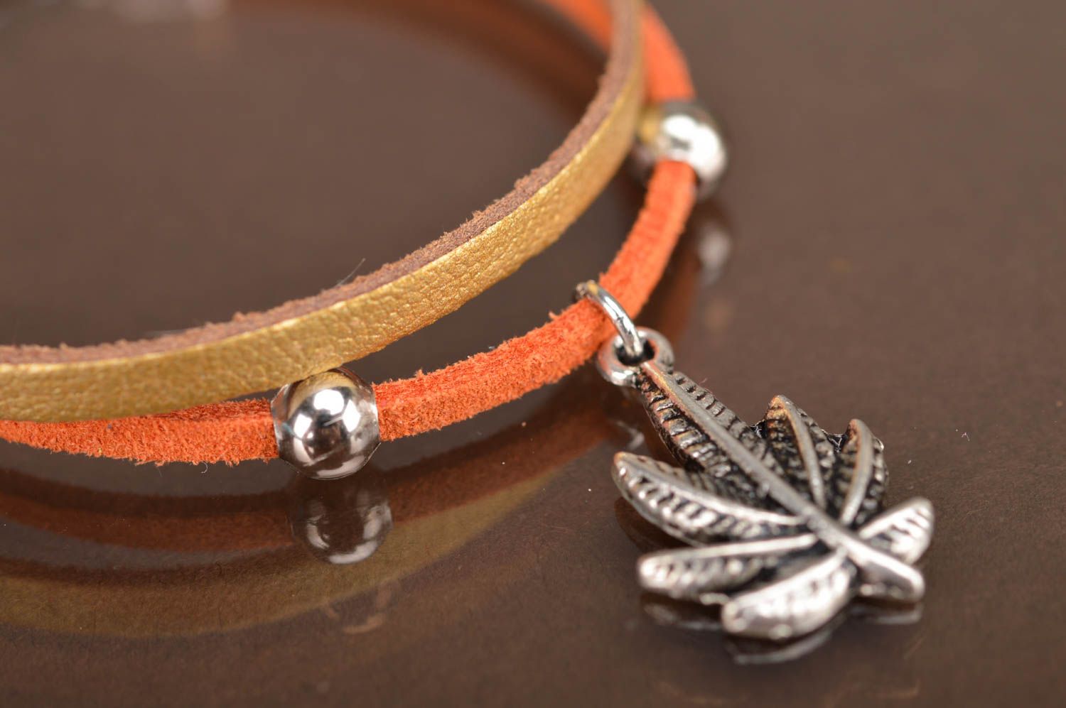 Handmade designer women's genuine leather cord bracelet with metal charm Leaf photo 2