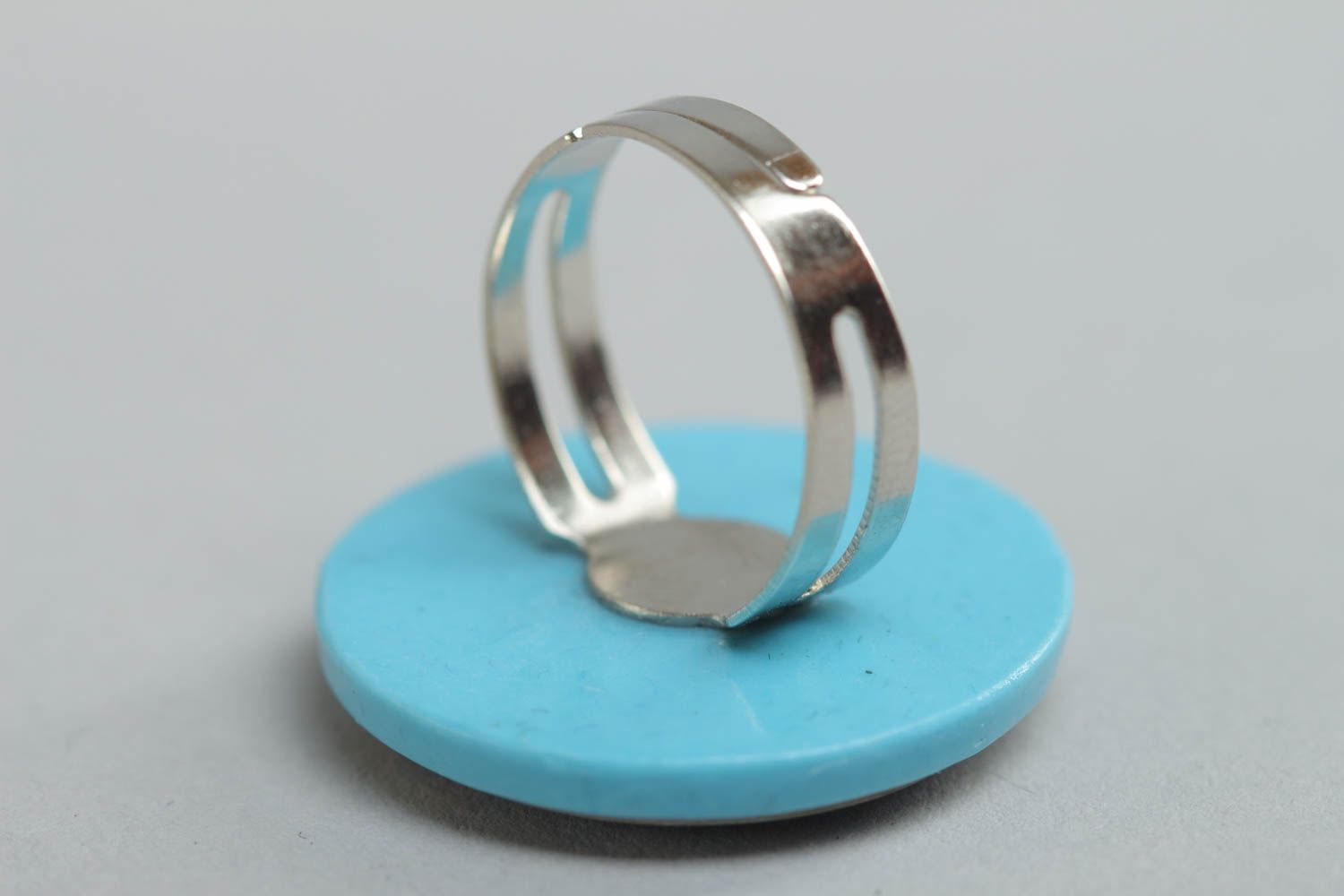 Handmade glass glaze ring made of polymer clay round blue accessory photo 4