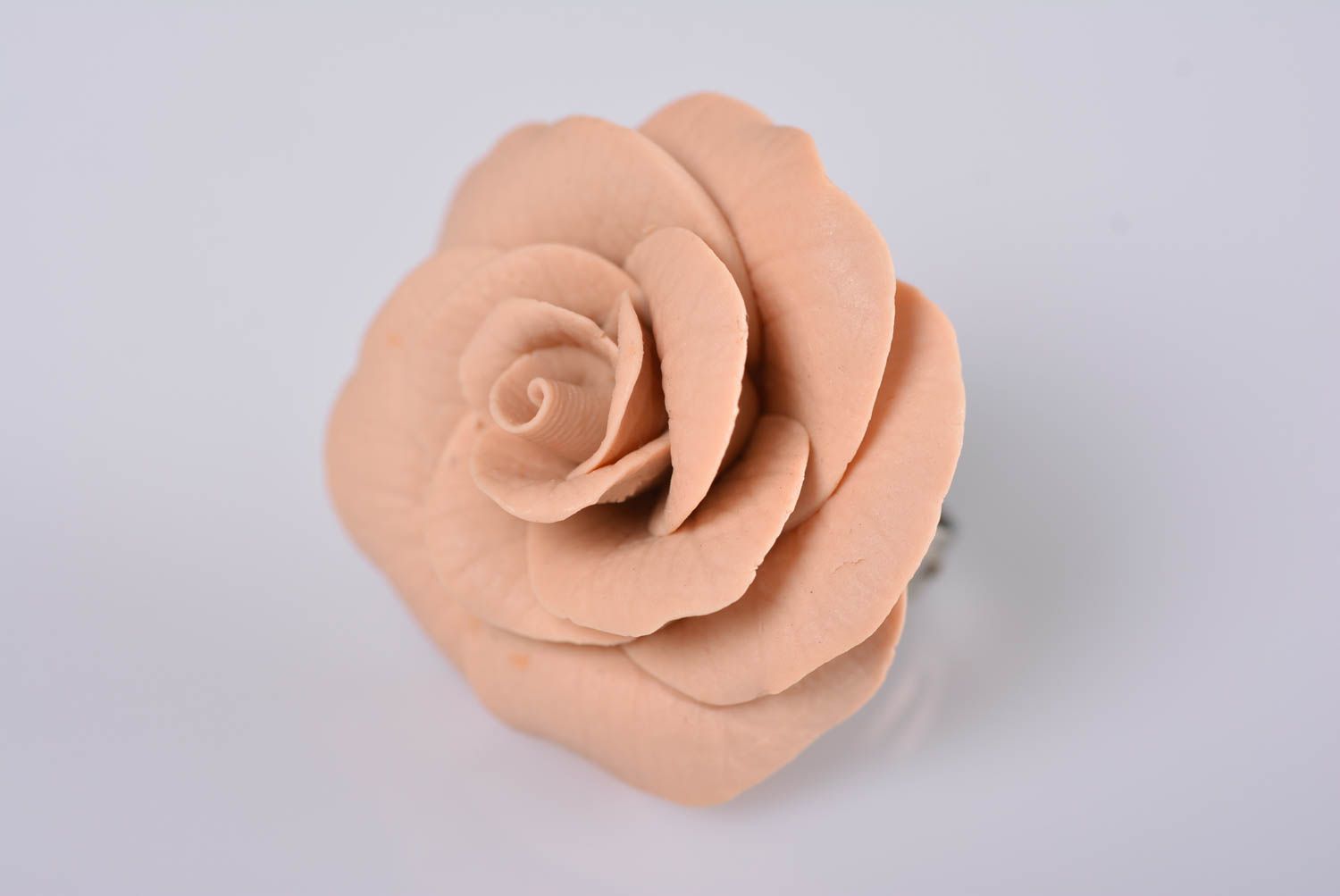 Handmade designer jewelry ring with volume large beige polymer clay flower  photo 5