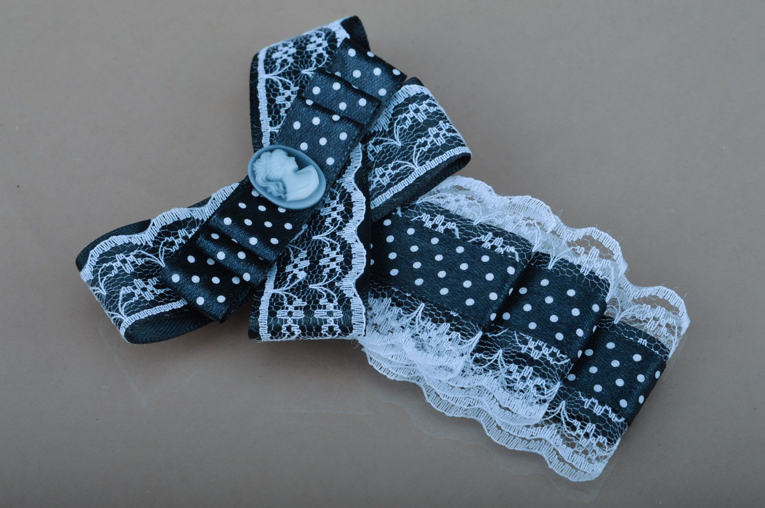 Handmade black and white polka dot fabric jabot brooch with cameo and lace photo 4