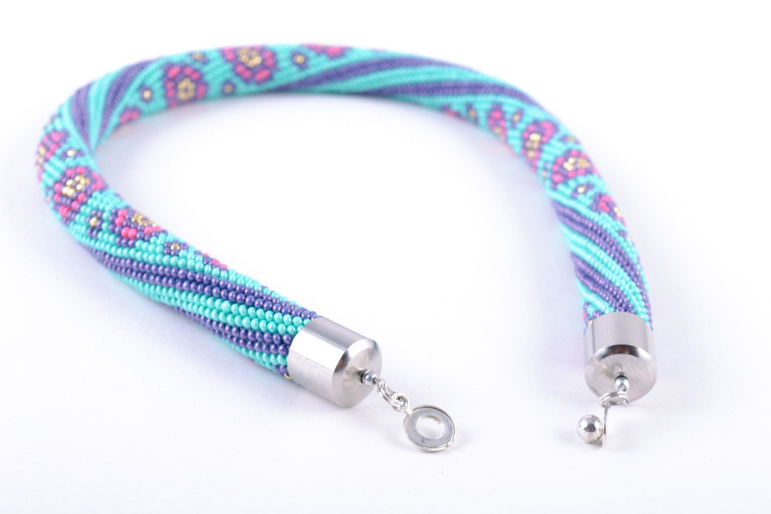 Short handmade beaded cord necklace of blue color with violet flowers for women photo 5