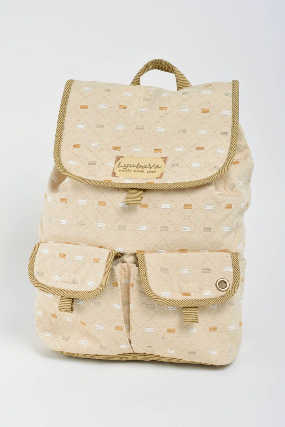 Handmade designer fabric backpack of beige color with two pockets for women photo 1