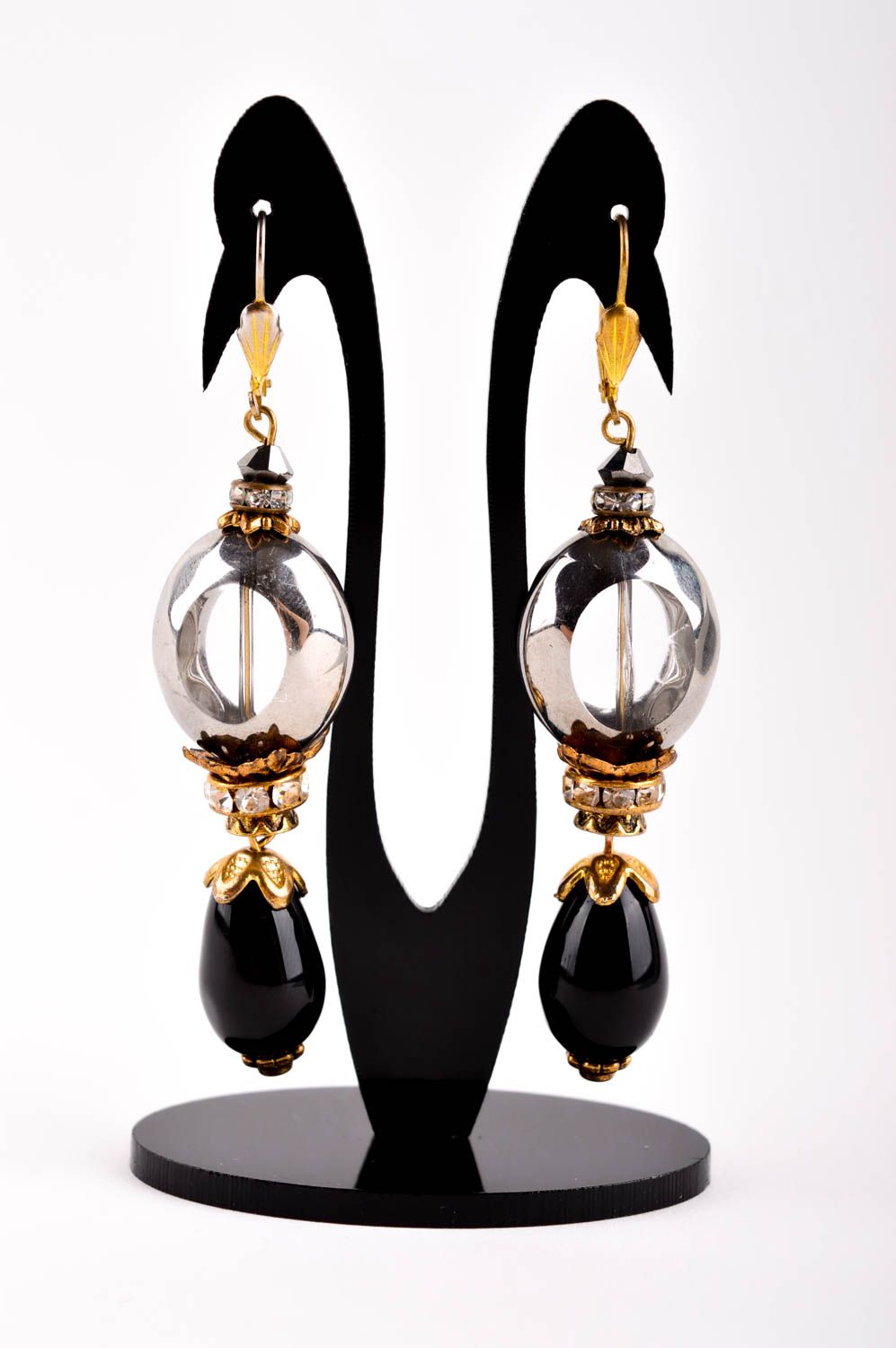 Boucles d'oreilles longues Bijou fait main cristal et onyx Cadeau femme photo 2