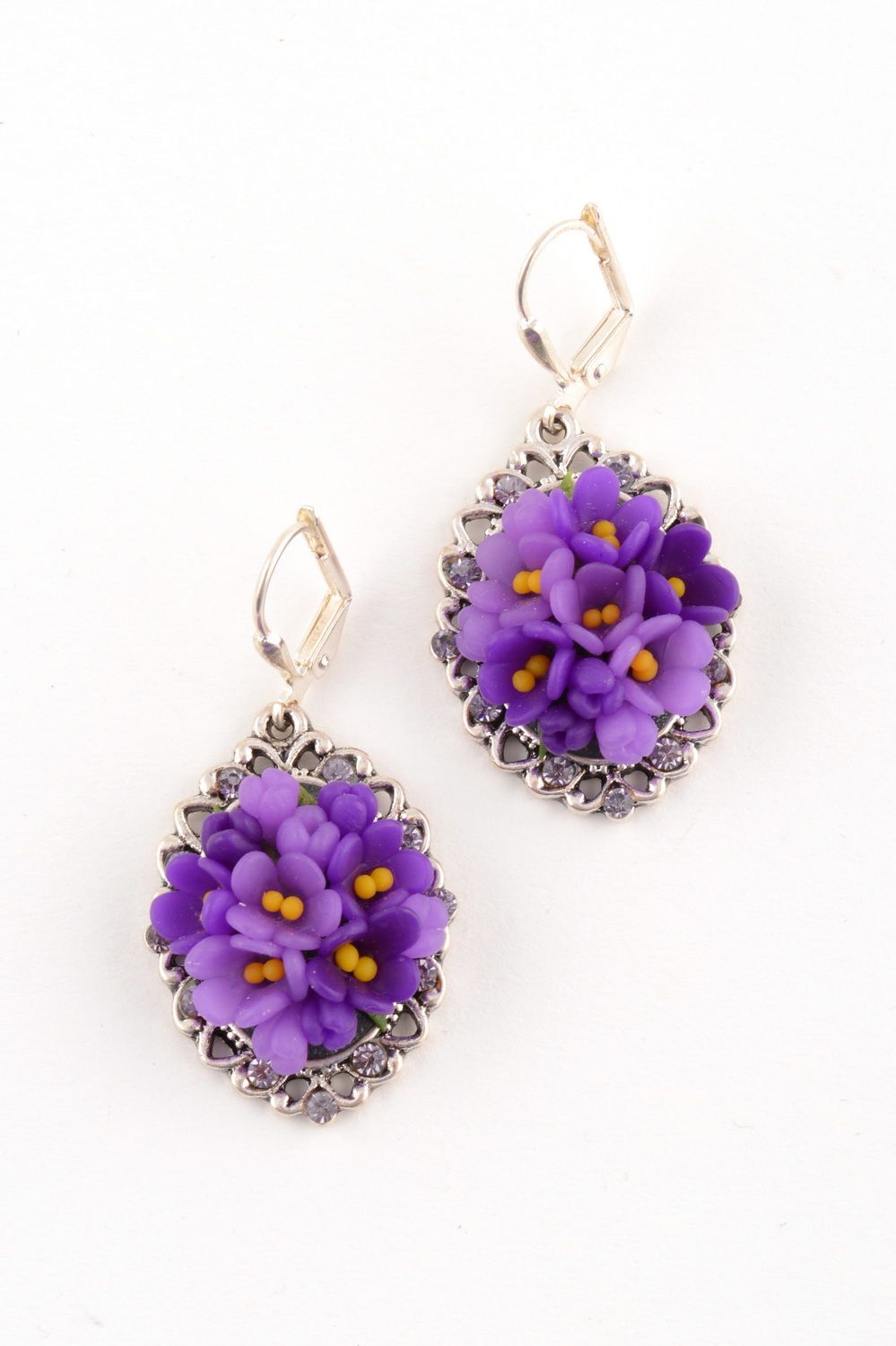 Festive handmade violet cute stylish flower earrings made of polymer clay photo 3