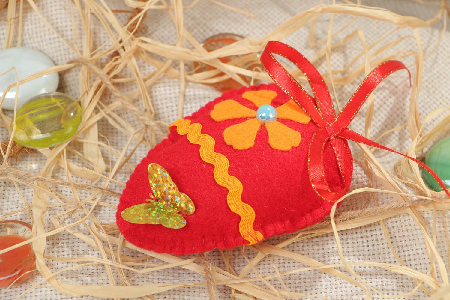 Handmade felt textile soft fridge magnet in the shape of red egg photo 1