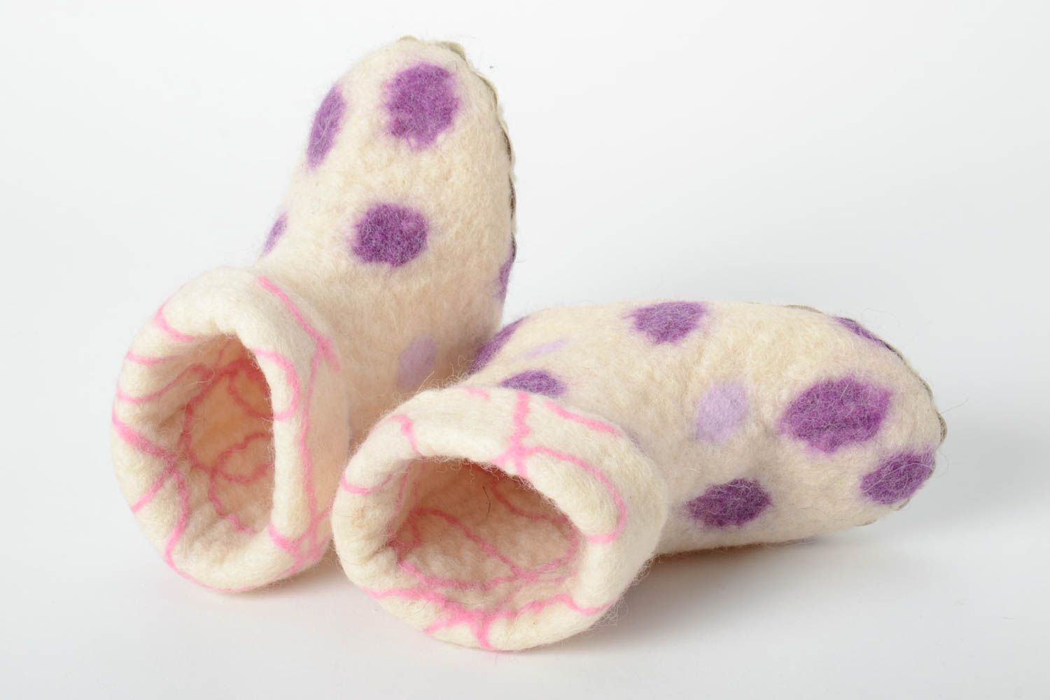 Pantoufles en laine fait main Chaussons laine à pois violets Accessoire enfant photo 3