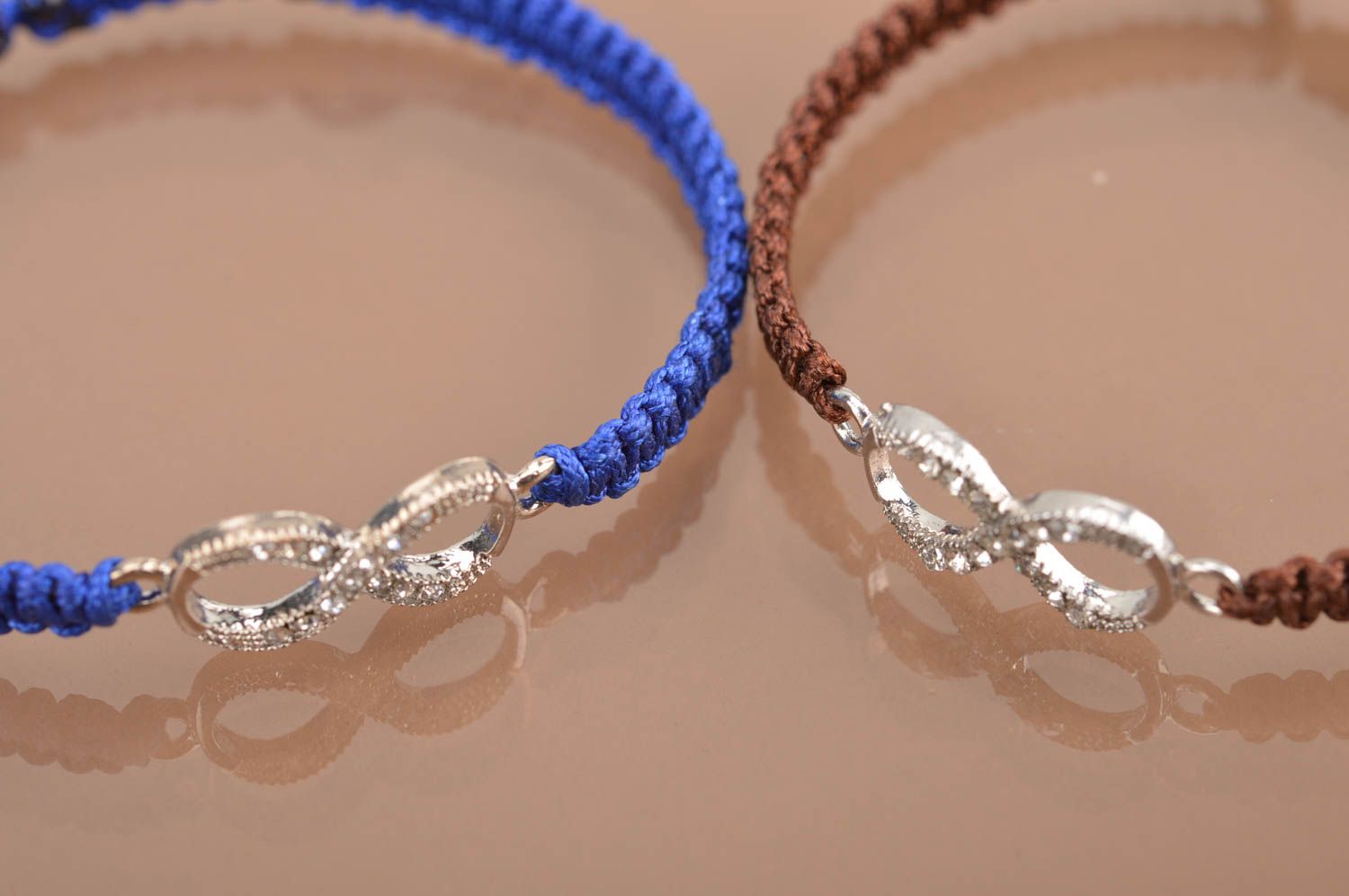 Ensemble de bracelets fins tressés en soie faits main 2 pièces bleu et marron photo 5