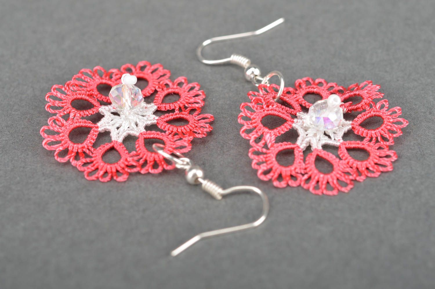 Crocheted tatting earrings small pink handmade summer accessory for girls photo 2