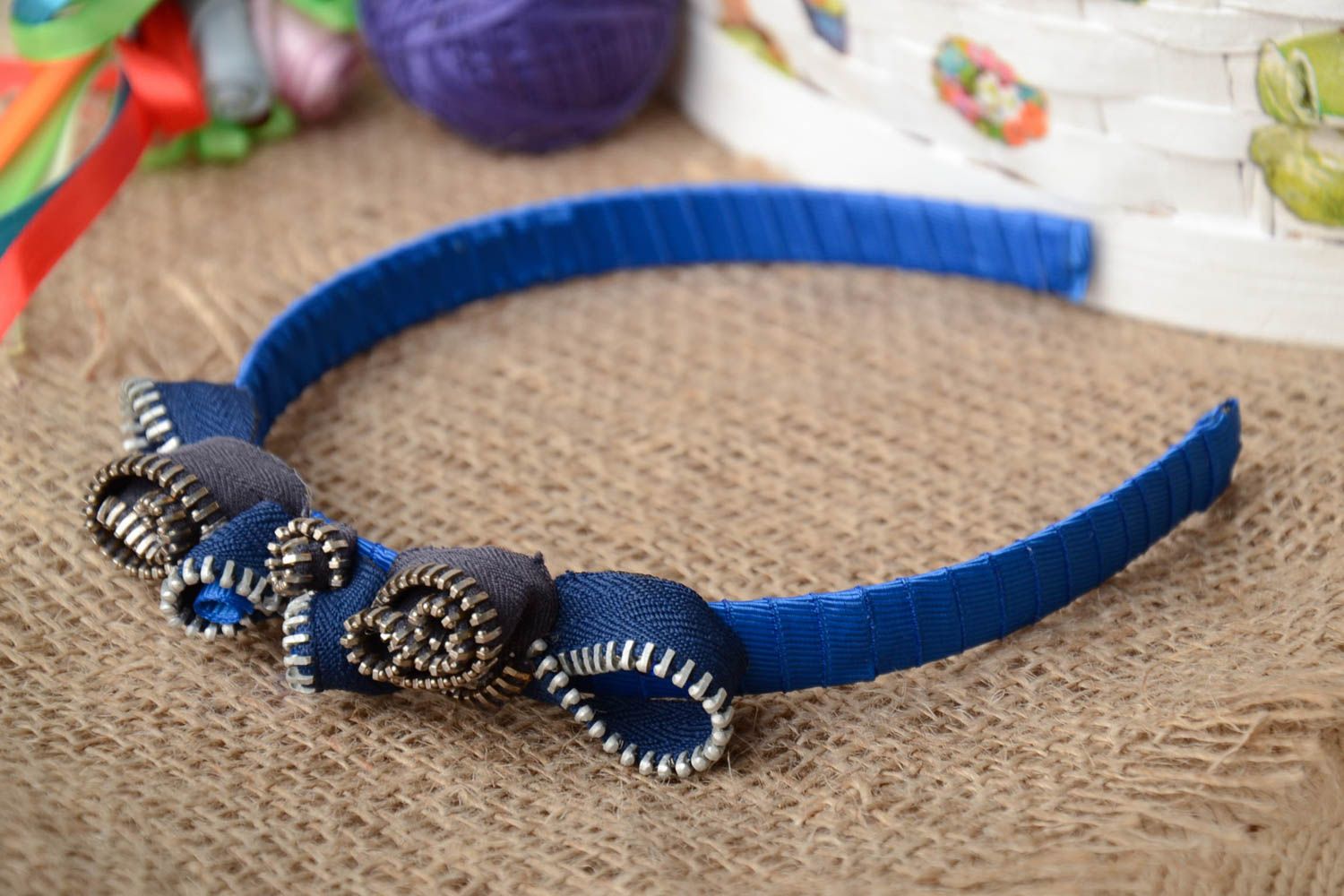 Beautiful handmade elegant hairband blue bow with zipper stylish trendy accessory photo 1