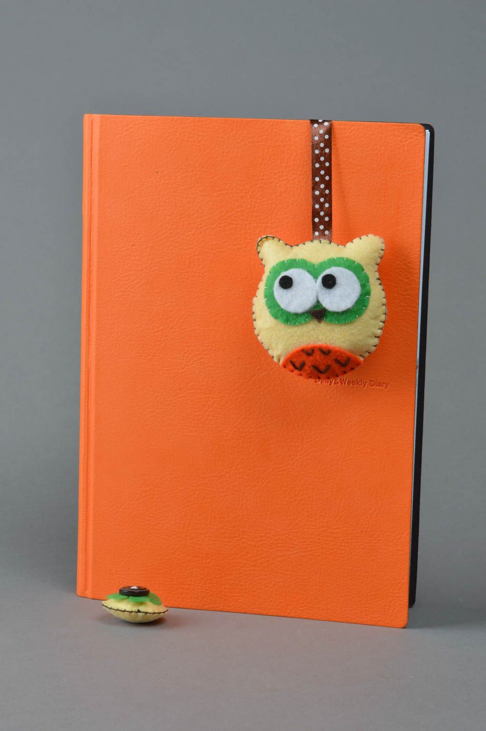 Handmade bookmark with small yellow felt owl charm on ribbon of chocolate color photo 2