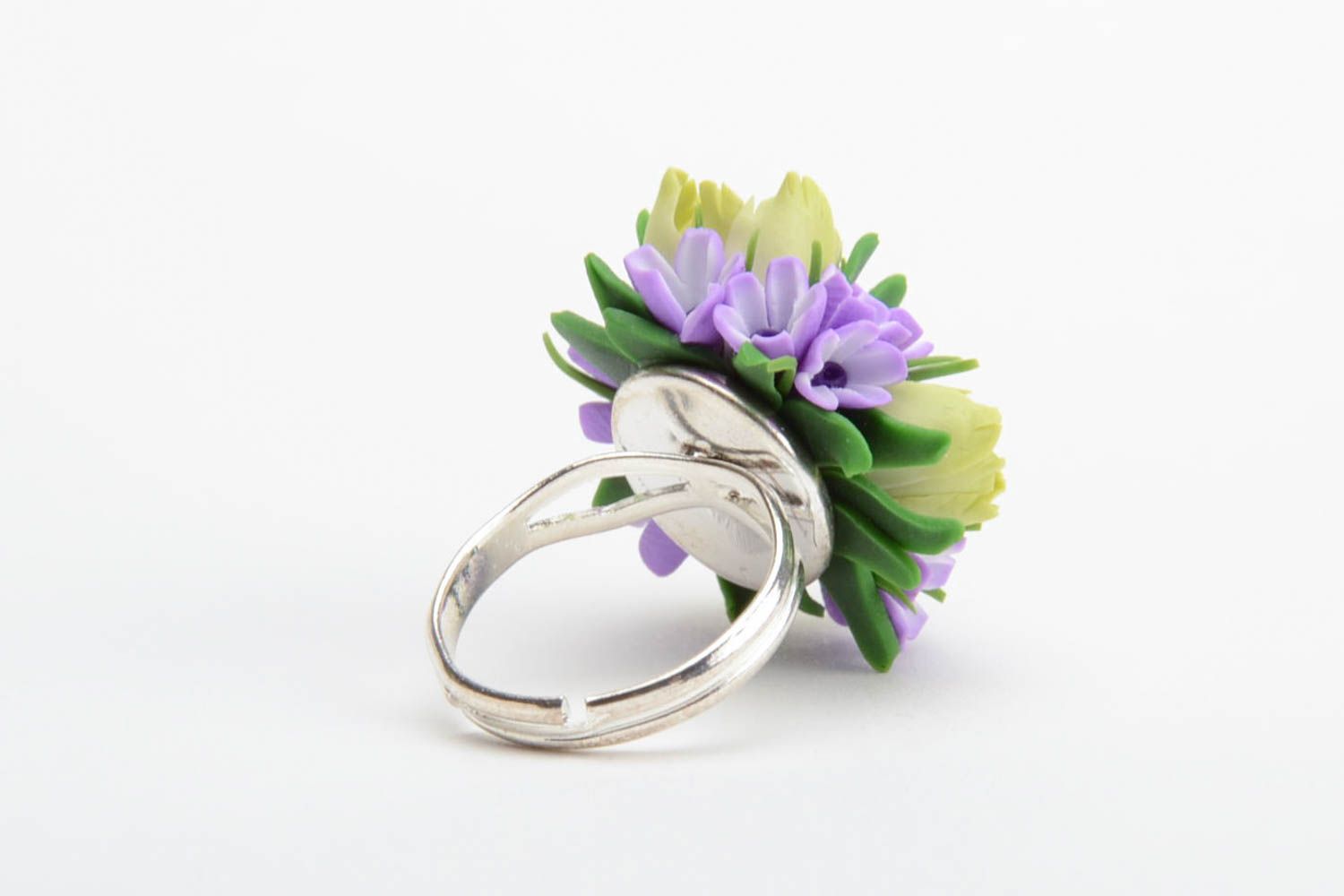 Handmade volume tender violet polymer clay floral ring with metal basis  photo 3