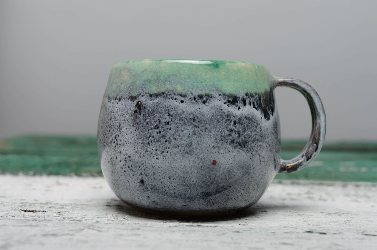 5 oz ceramic glazed art coffee cup in gley and turquoise color photo 2