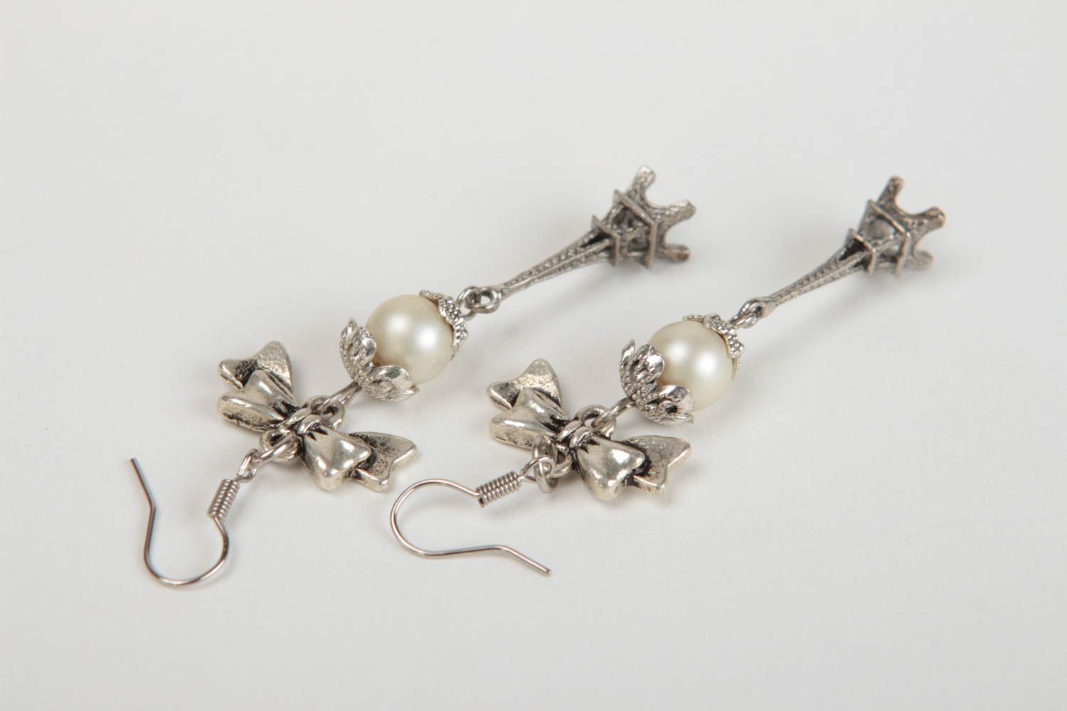 Beautiful long metal earrings with pearl beads designer jewelry gifts for her photo 4