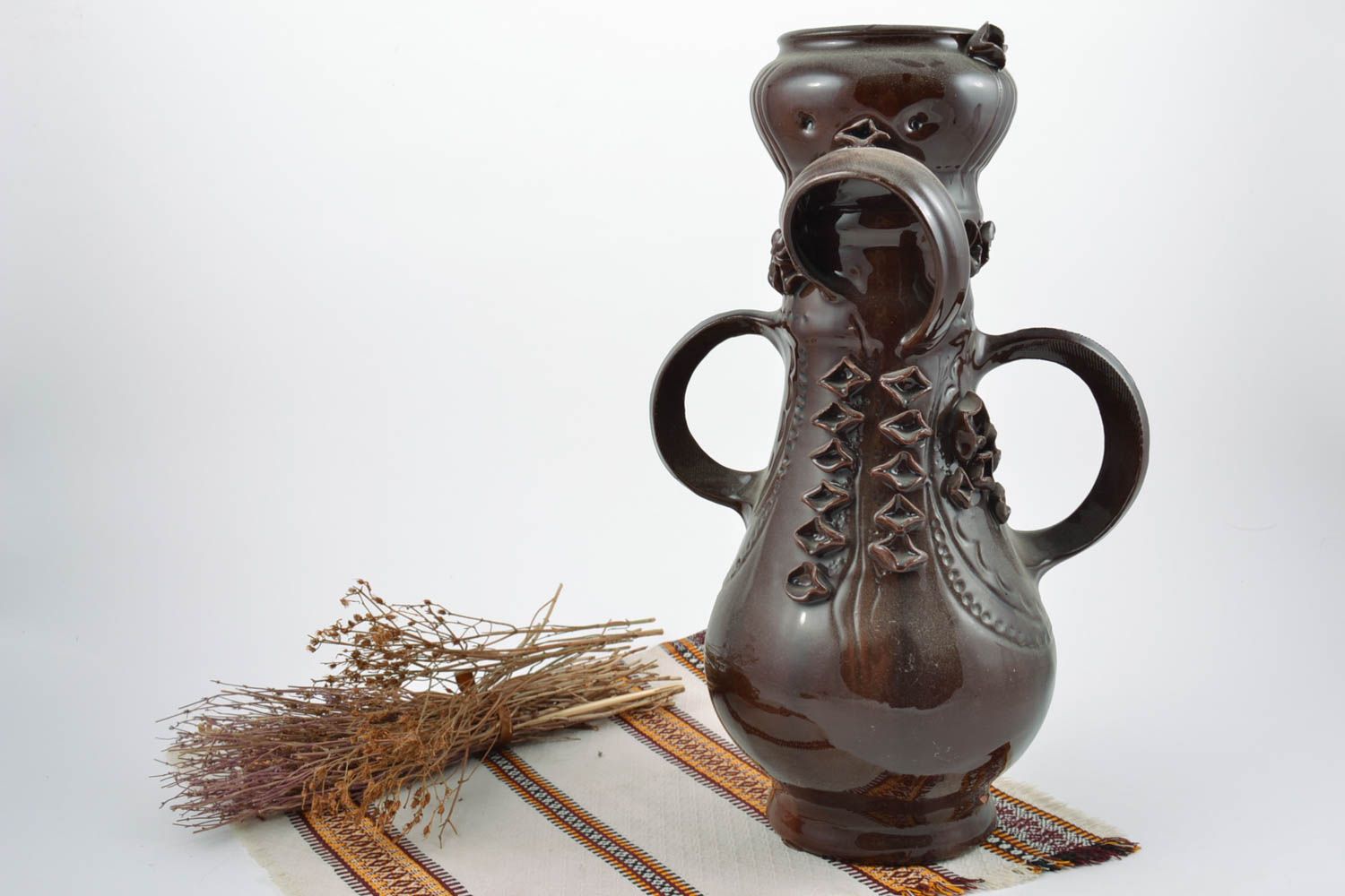 Handmade brown ceramic 15 inches flower vase décor with two handles 4,8 lb photo 1