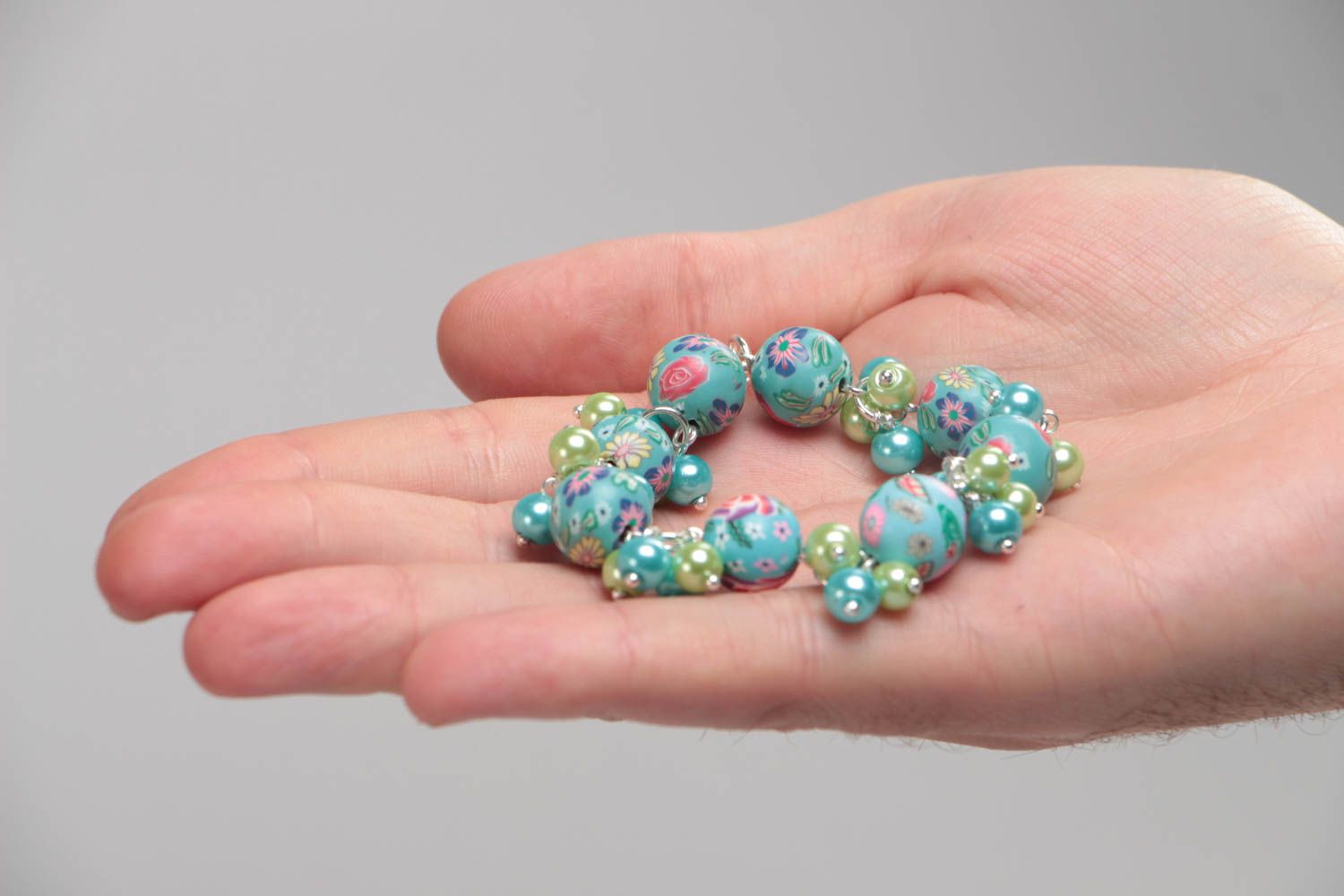 Blue handmade children's polymer clay bracelet with artificial pearls photo 5