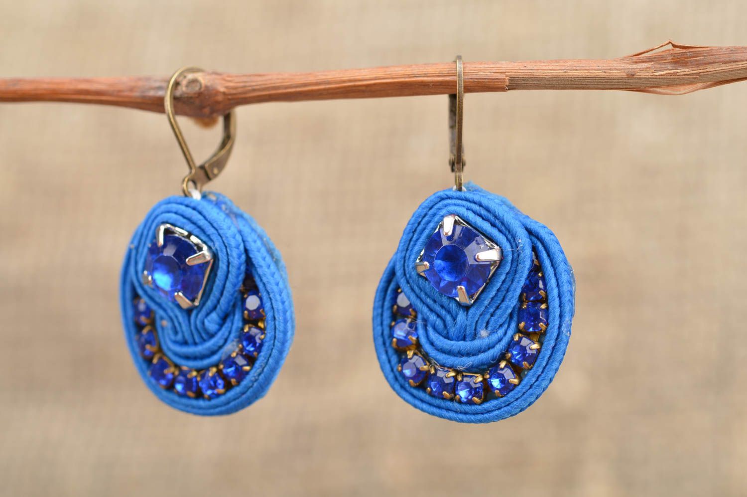 Handmade blue beautiful stylish cute soutache unusual earrings with beads photo 1
