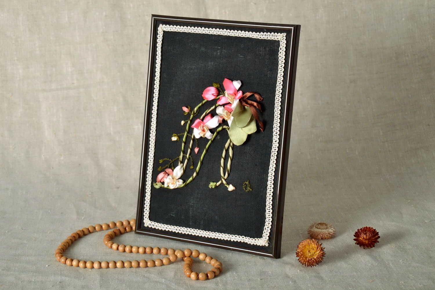 Picure embroidered with ribbons Bouquet of flowers  photo 1