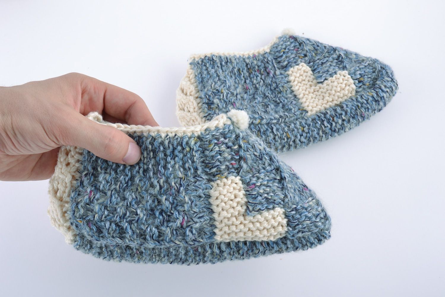Beautiful warm handmade knitted half-woolen slippers of blue color photo 4