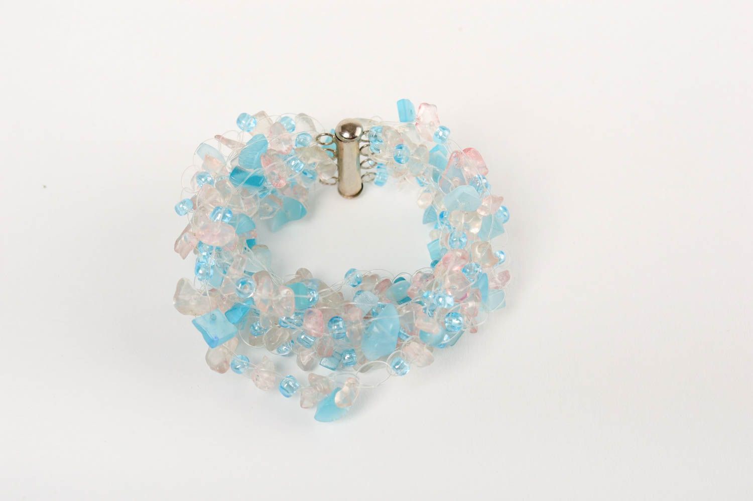 Handmade designer airy light blue wrist fashion bracelet with quartz and cat eye stone beads photo 4