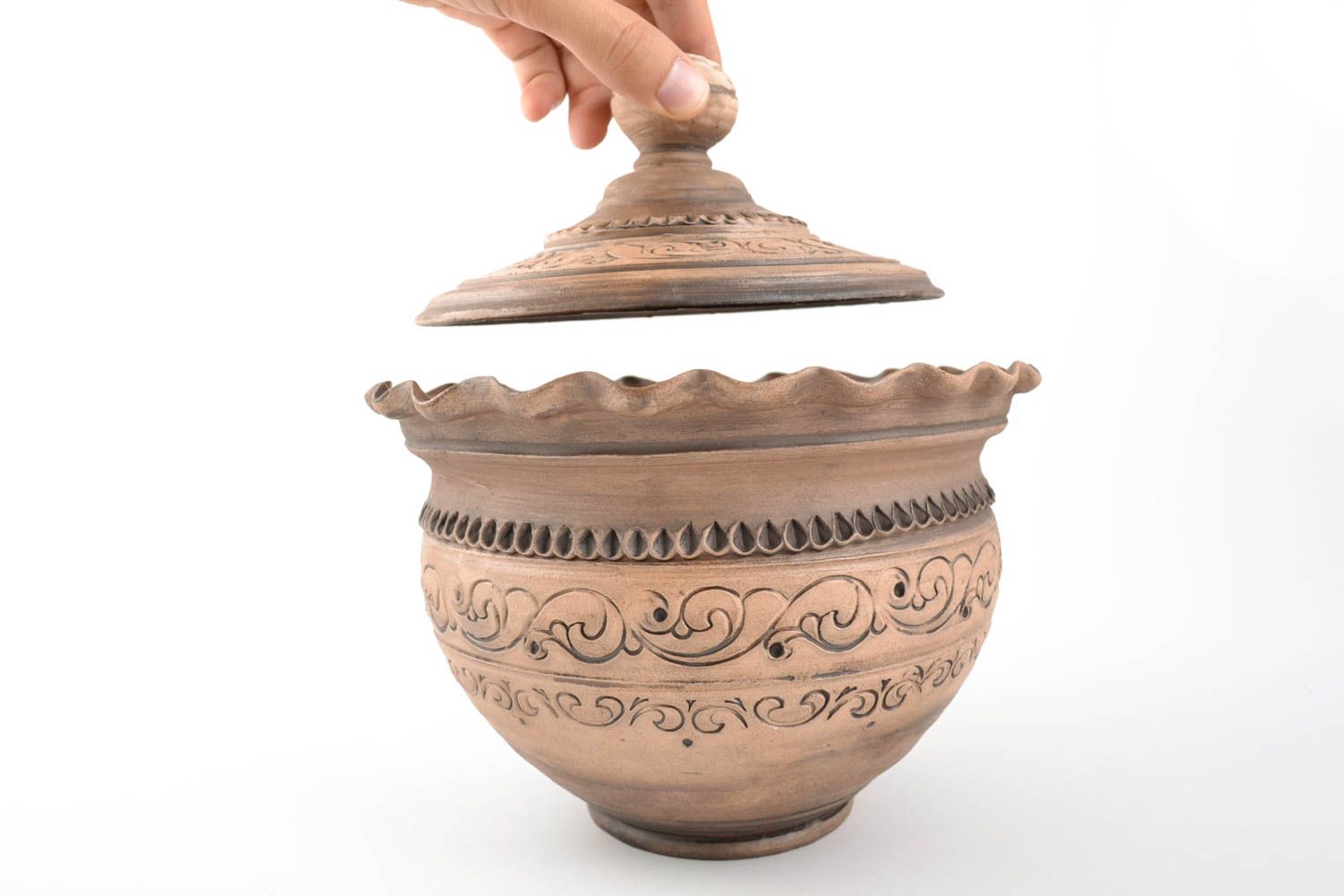 Grand pot à cuire céramique avec couvercle fait main brun 2 l original  photo 2