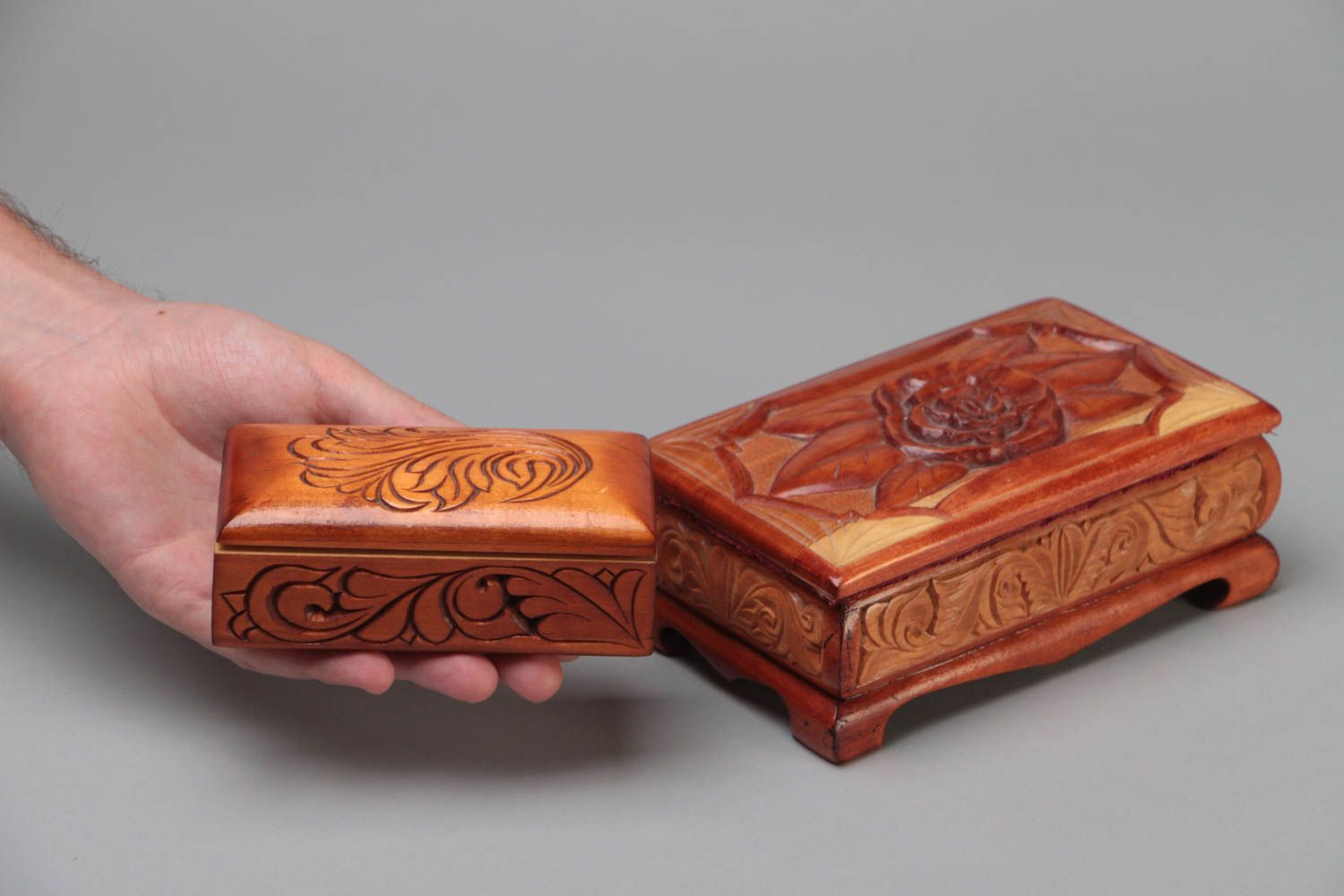 Unusual beautiful handmade carved wooden jewelry boxes set 2 pieces photo 5