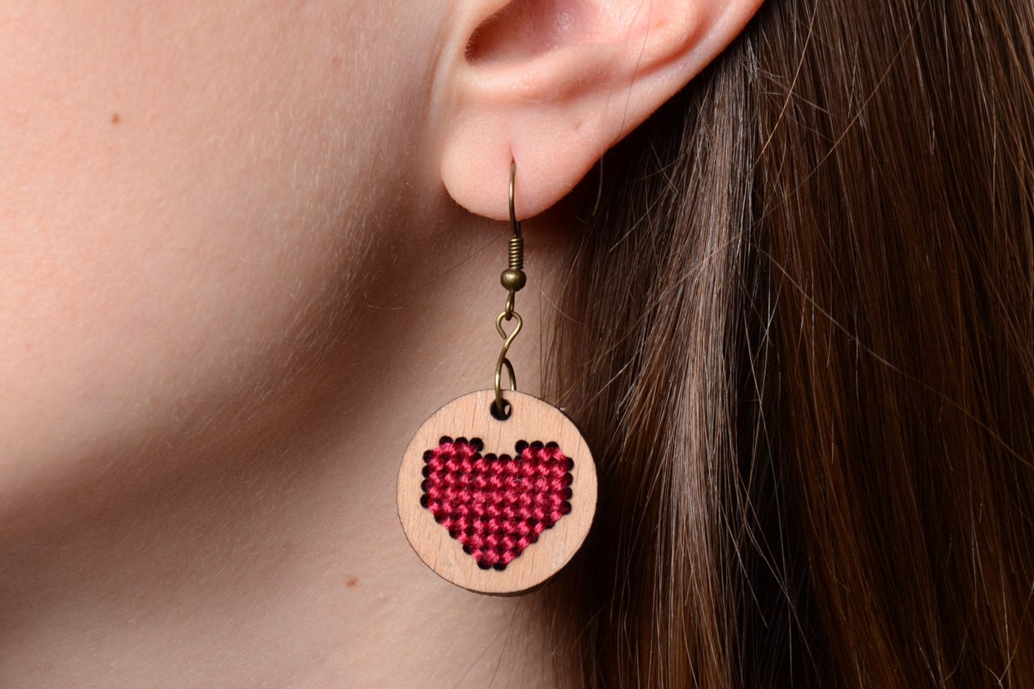 Handmade round plywood earrings with cross-stitch embroidery Red Hearts photo 4