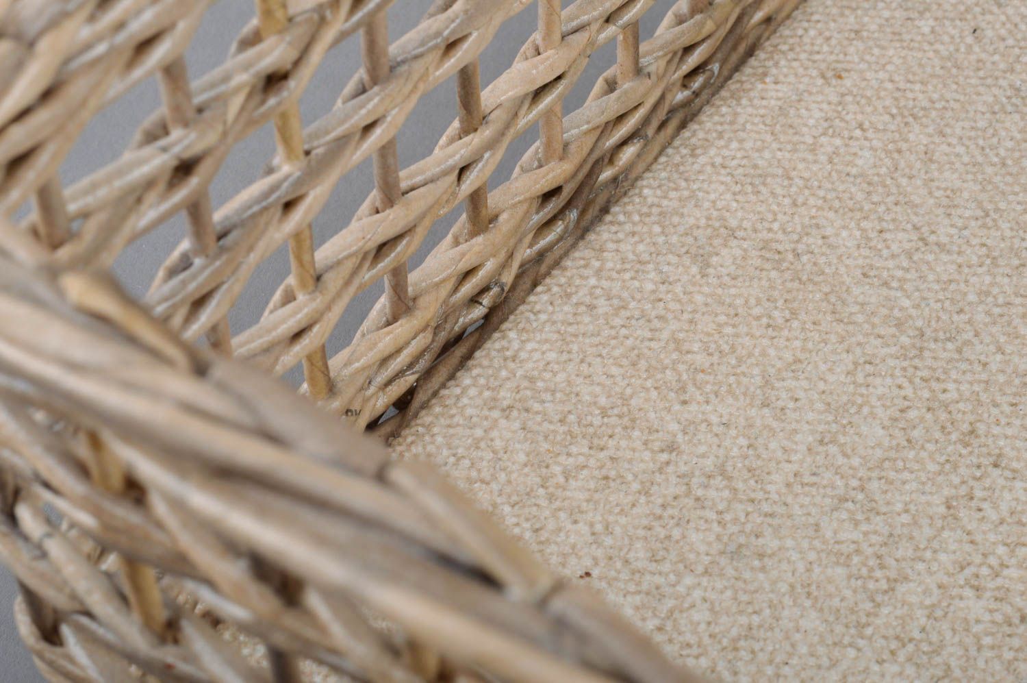 Handmade square decorative beige basket woven of paper tubes for needlework  photo 2