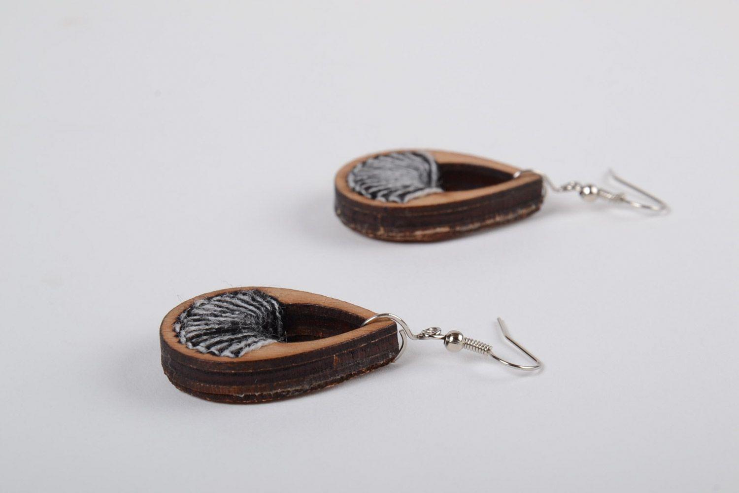 Handmade plywood teardrop-shaped earrings with embroidery in eco style photo 2