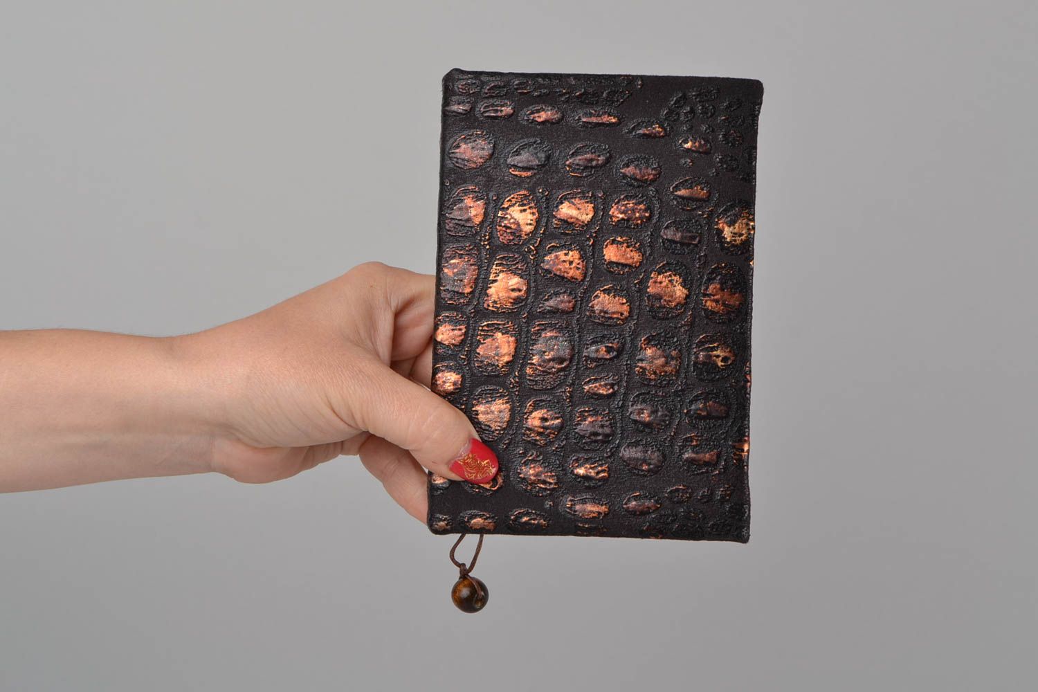 Handmade scrapbooking designer notebook with dark faux leather cover with bead photo 2