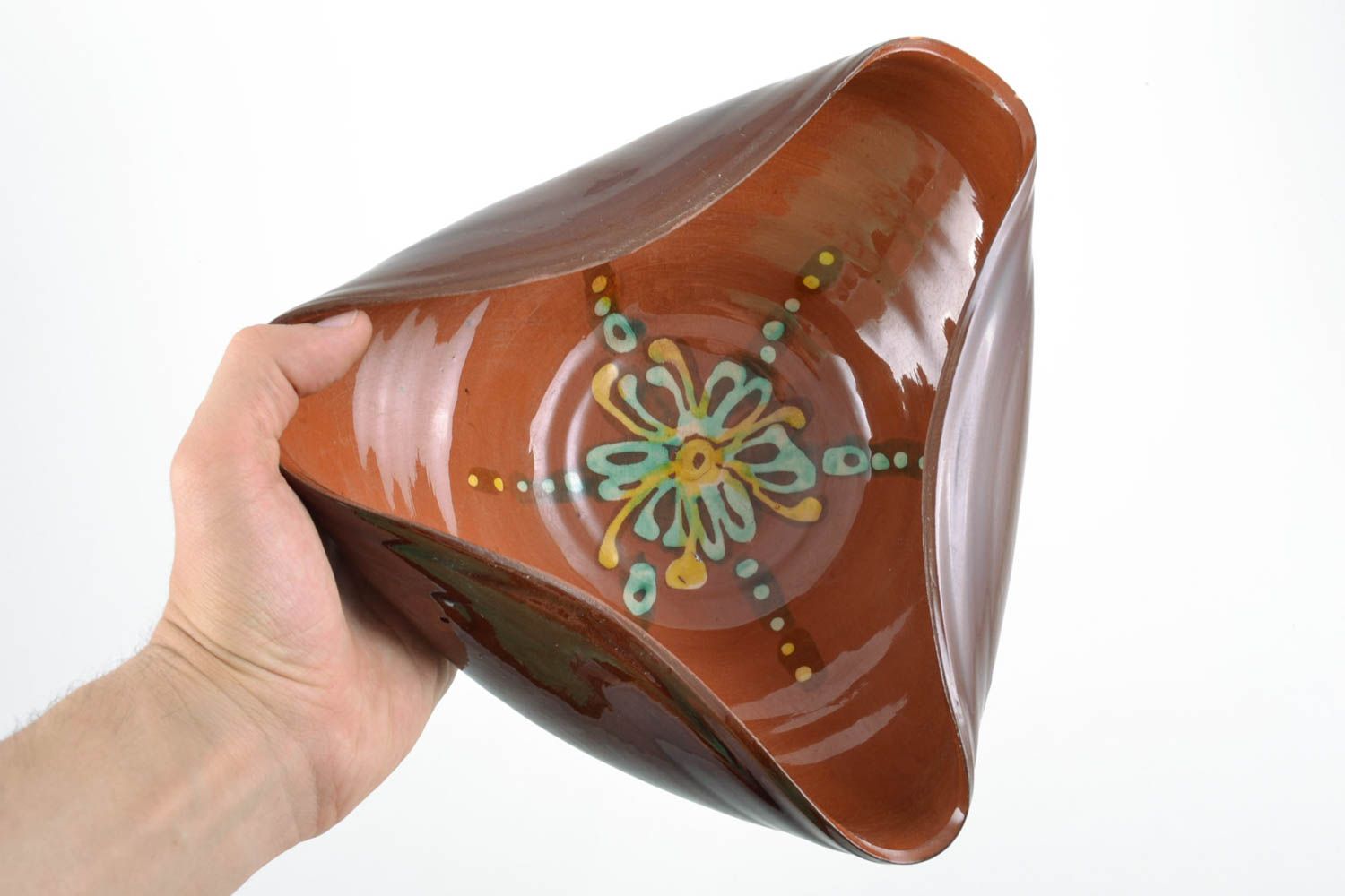 Handmade decorative glazed clay bowl of unusual shape photo 2