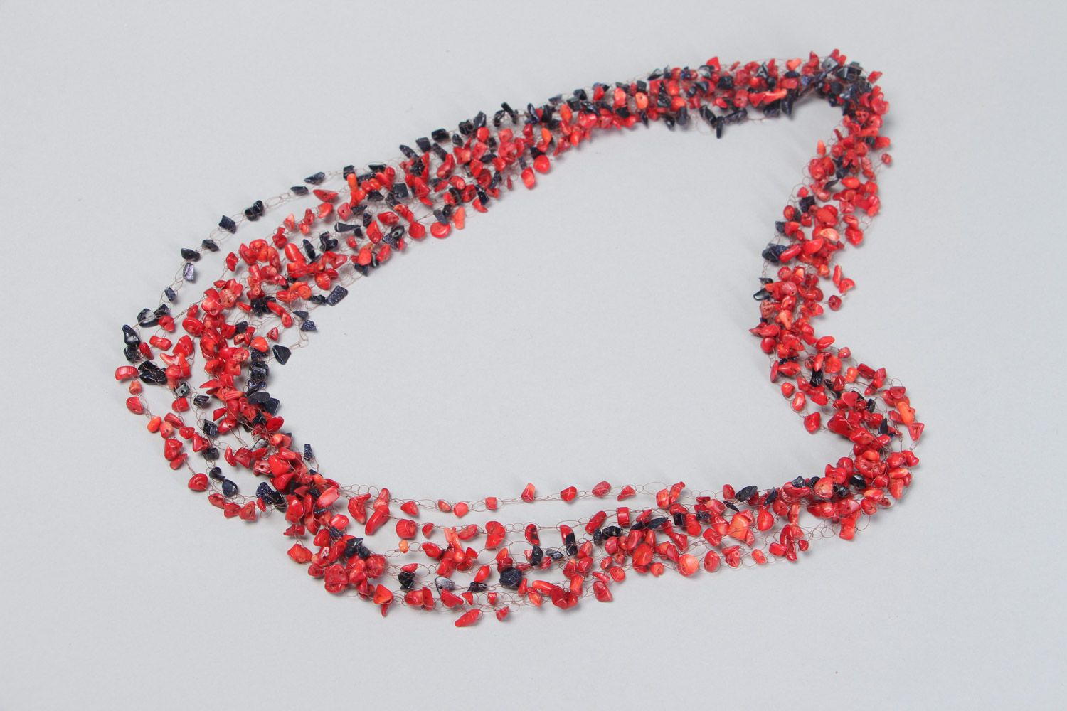Massive handmade airy beaded necklace with aventurine and coral of red color photo 2