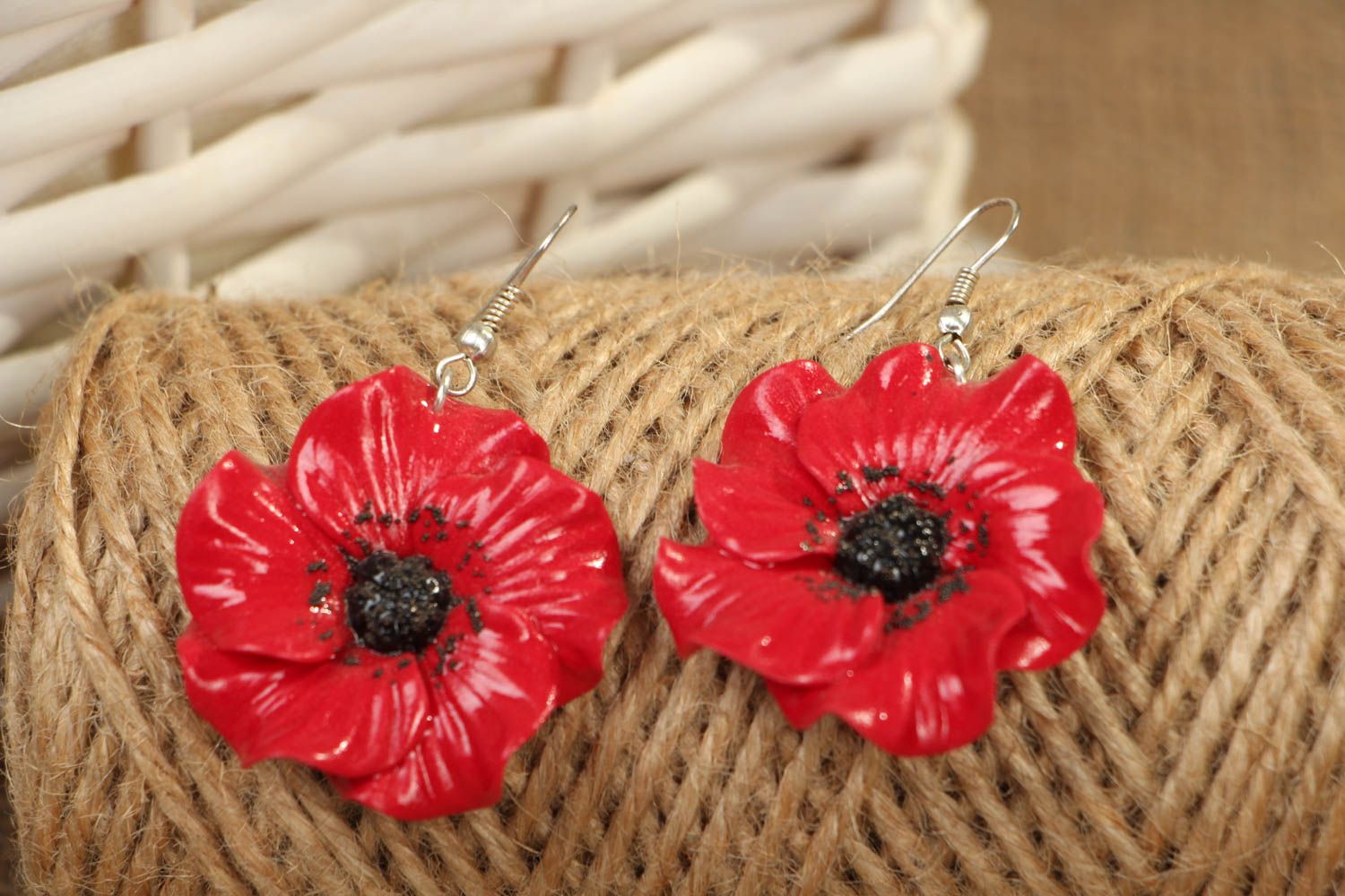 Polymer clay earrings in the shape of red poppies photo 4