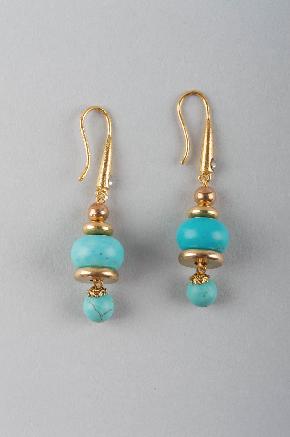 Beautiful elegant handmade designer brass earrings with turquoise natural stone photo 2
