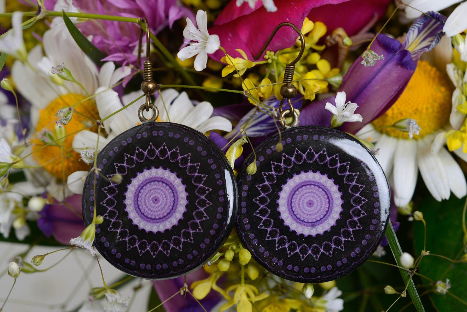 Earrings made of polymer clay with decoupage handmade black with purple jewelry photo 1
