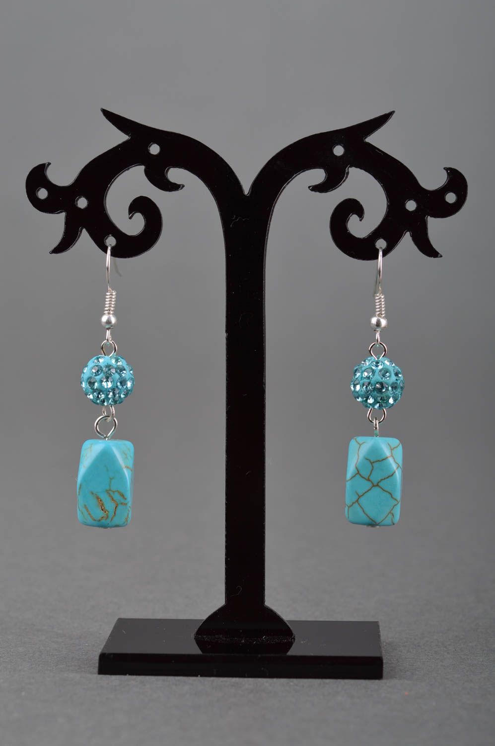 Handmade long beaded earrings styled on turquoise with rhinestones blue designer photo 3