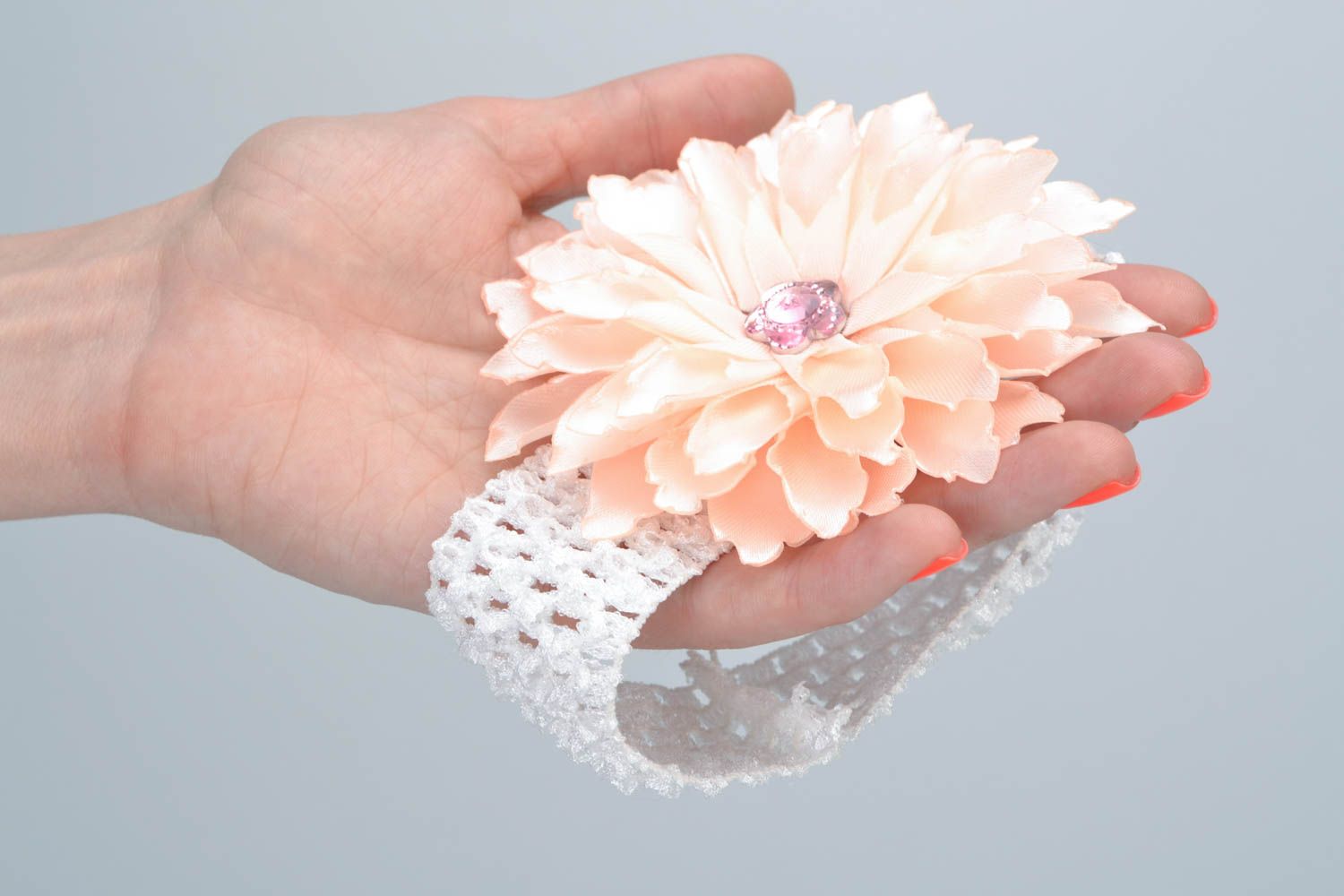 Gentle handmade kanzashi flower headband with lace elastic basis photo 2
