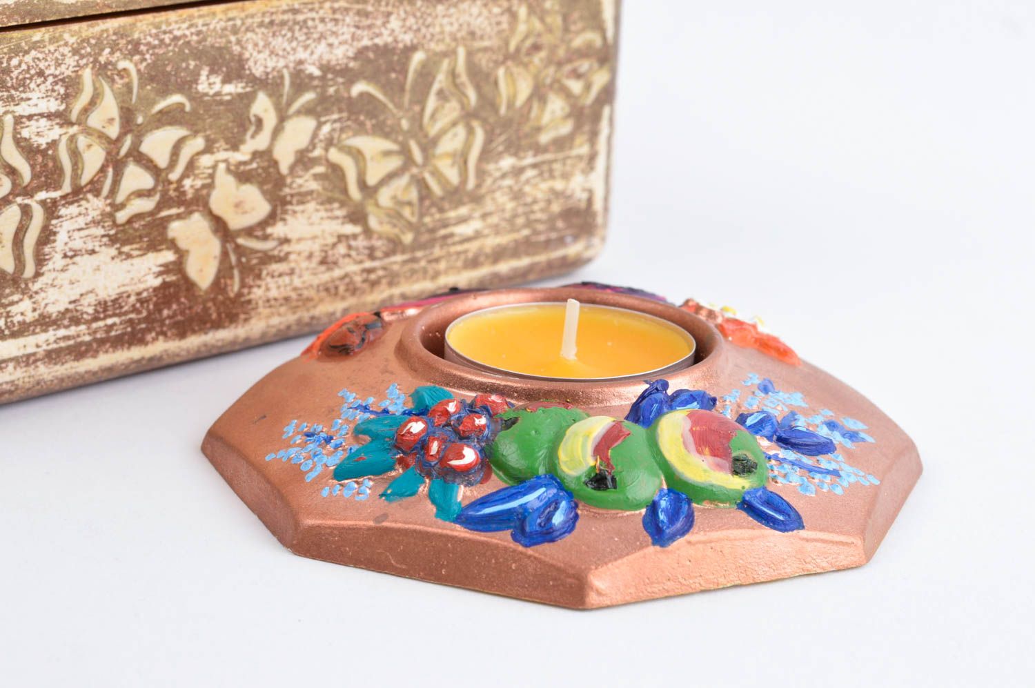 Teelichthalter bunt Handmade Deco Gips Dekoration Designer Kerzenhalter bemalt foto 1