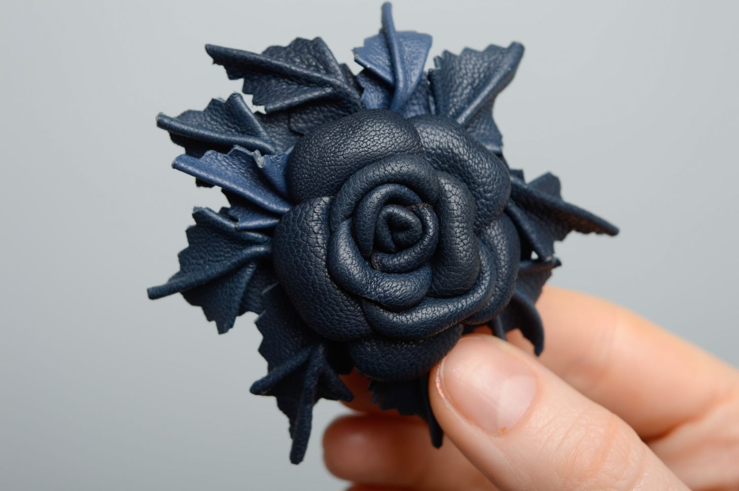 Blue leather floral brooch-hair clip photo 2