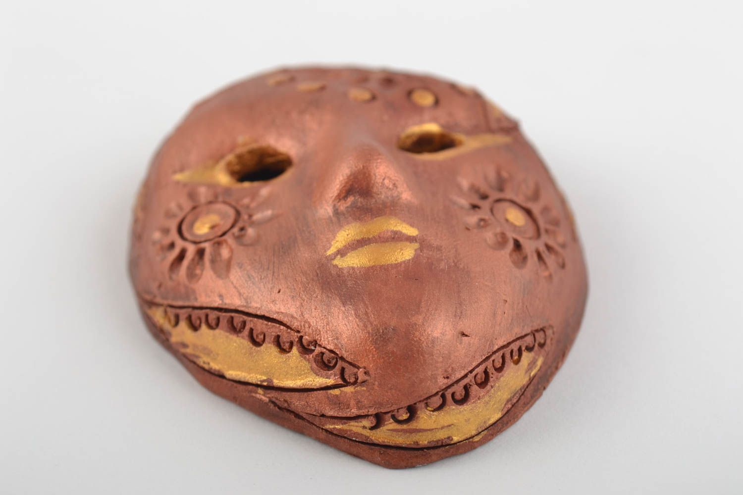 Beautiful brown handmade designer ceramic fridge magnet clay carnival mask photo 4