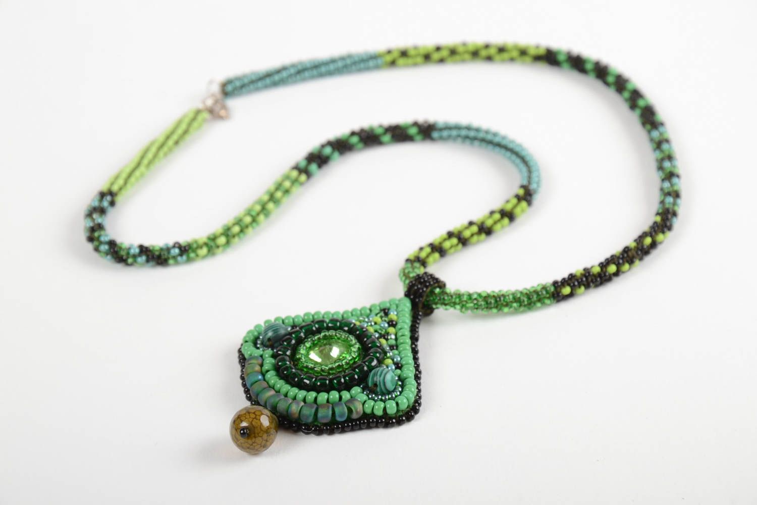 Handmade green pendant unusual female present beaded pendant for women photo 3