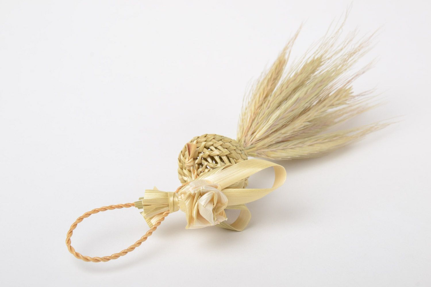 Small ethnic Christmas tree ornament woven of natural straw handmade  photo 3