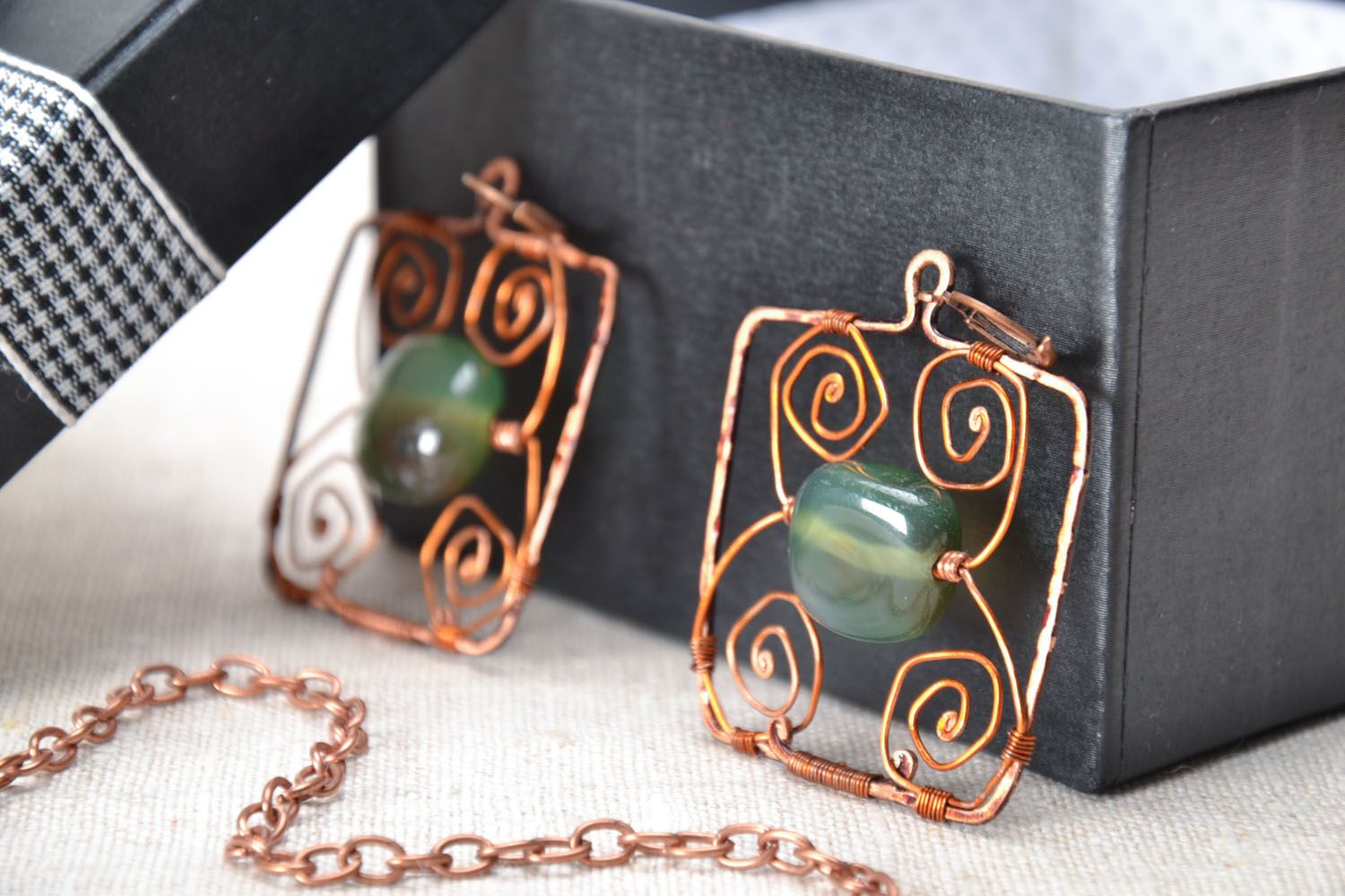 Copper earrings with agate Beetles photo 1