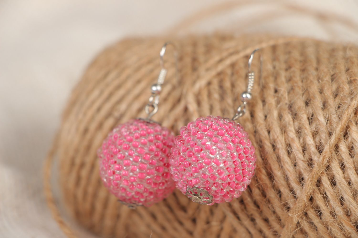 Pink beaded ball earrings photo 4